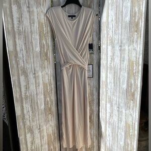 Rachel Roy Sheath Dress Women's L Blush Side-Slit Tie-Waist Crewneck Cap Sleeve